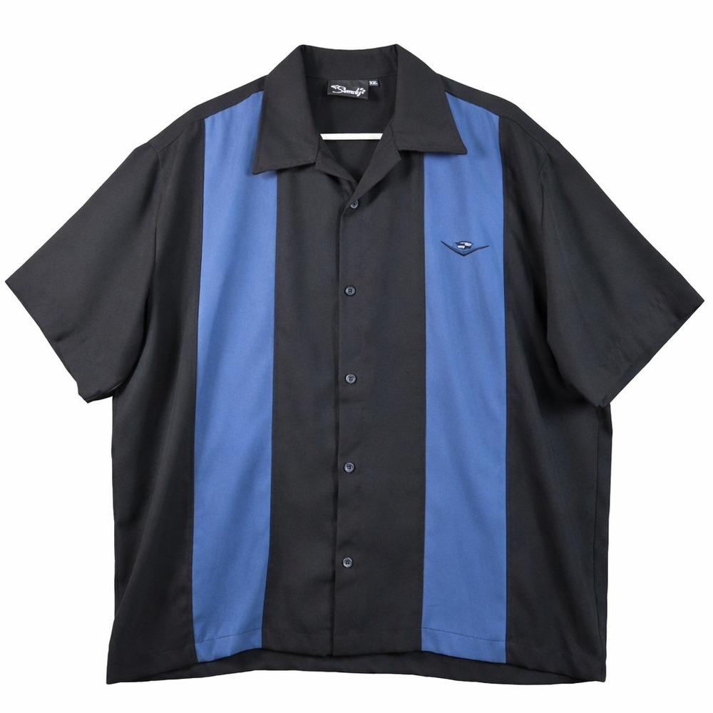 Steady Black Blue Panel Button-Up Shirt Men's XXL Retro Bowling Short Sleeve